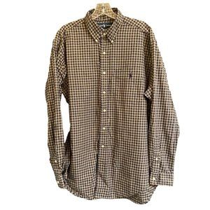 RALPH LAUREN MENS BLUE/BEIGE PLAID CLASSIC FIT COTTON LONG SLEEVE SHIRT SZ LARGE